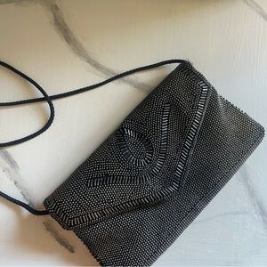 Vintage beaded black satin handbag clutch crossbody evening bag